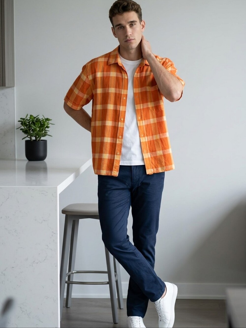 Tommy Bahama "RELAX" Orange Plaid Textured Seersucker Camp Shirt L